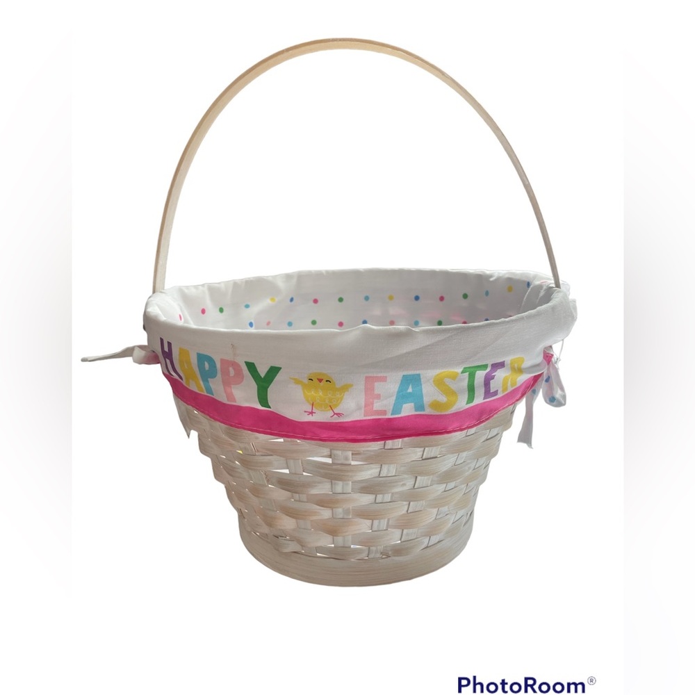 White Woven Easter Basket W/ Removable Polka Dot Liner embroidered. New With Tag